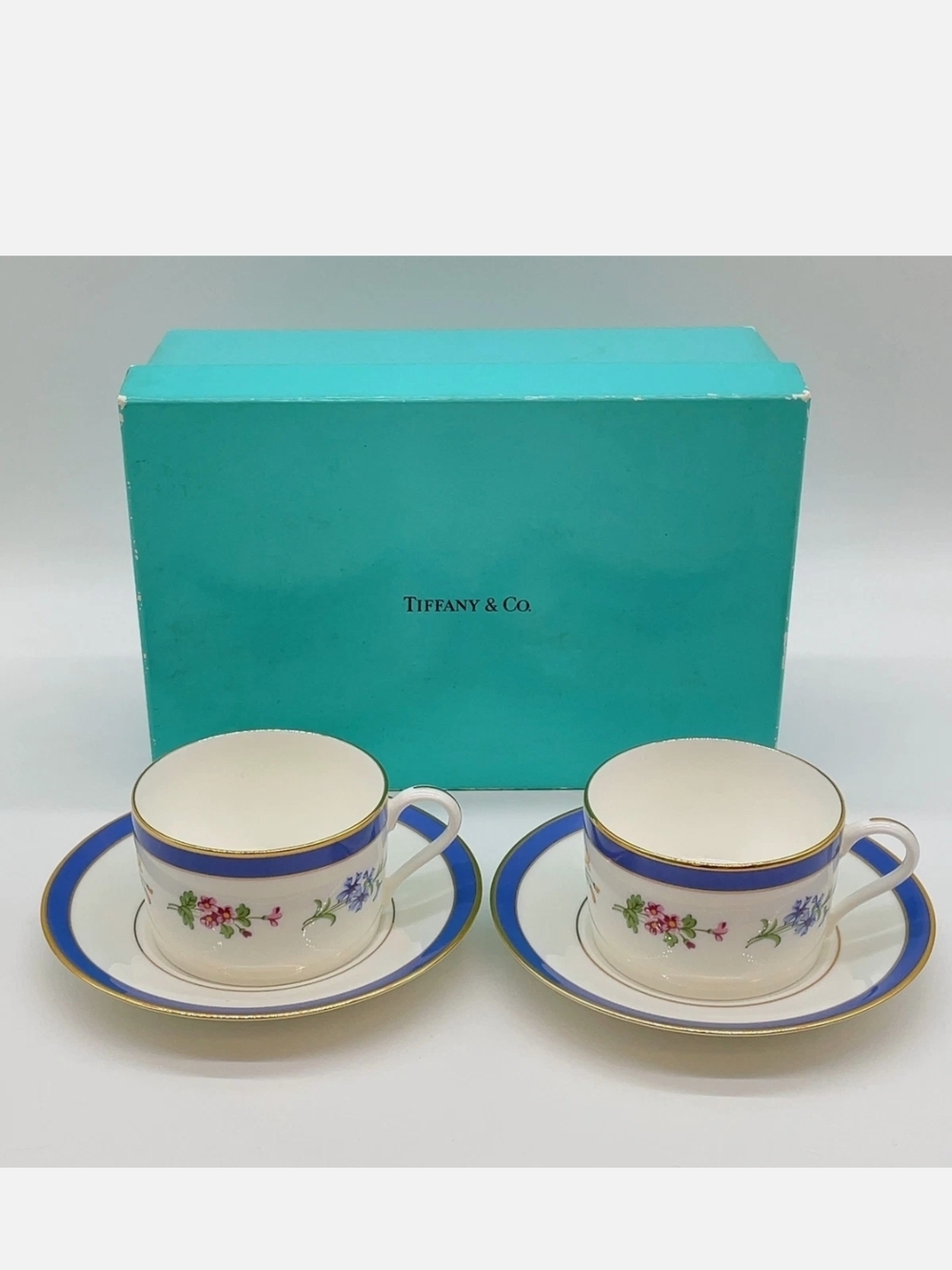 NIB Tiffany & Co. Blue & White Porcelain Espresso Cups with Gold Trim